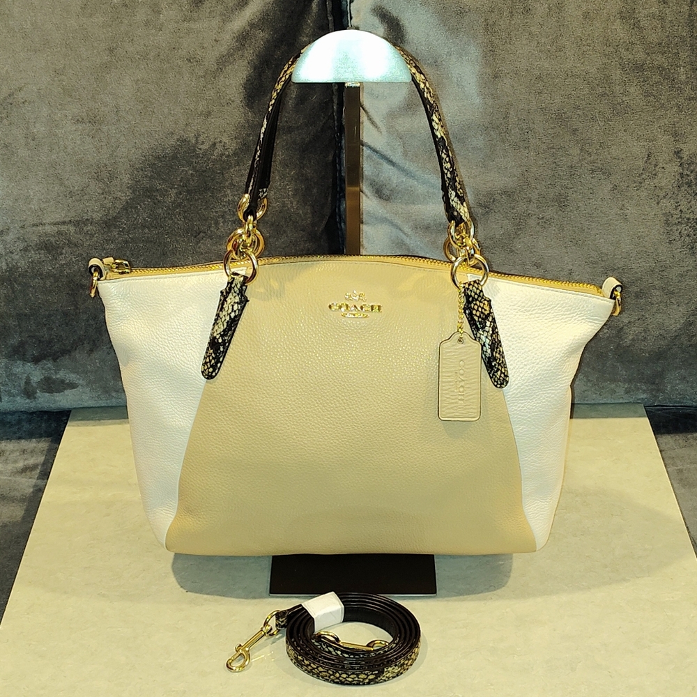 COACH KELSEY EXOTIC COLORBLOCK SNAKE TRIM PEBBLED LEATHER CROSSBODY SATCHEL